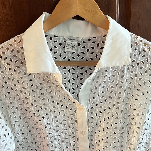 Isabela D. White Eyelet Flower Lace Button Down Shirt 3/4 Sleeve V Neck Size 14 - Picture 4 of 7